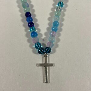 Silver Cross Blue Glass Bead Necklace NWT